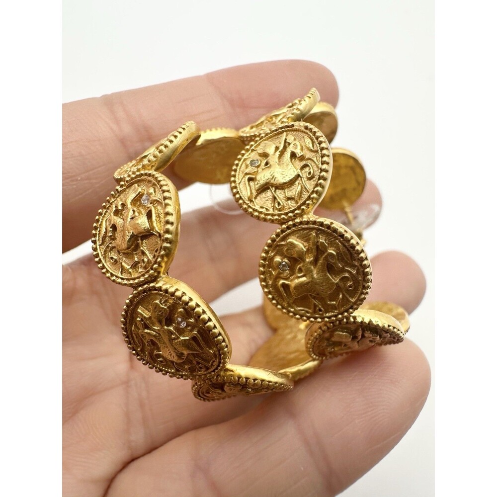 Julie Vos Textured 24k Plated Gold Tone Coin Style Hoop Earrings Runway
